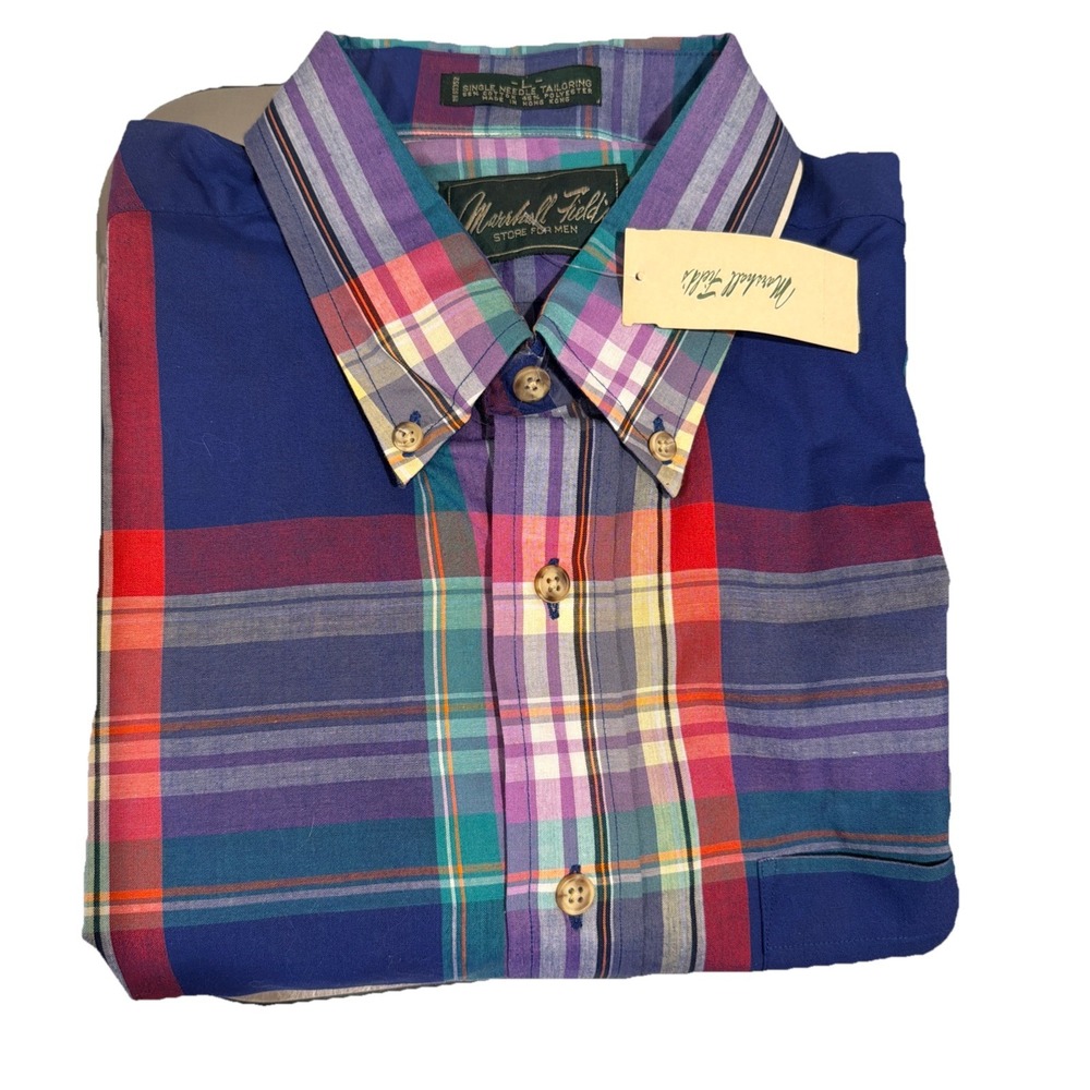 Vtg Marshall Field's Mens Button-Down Plaid Shirt, New Old Stock  Large‎ READ